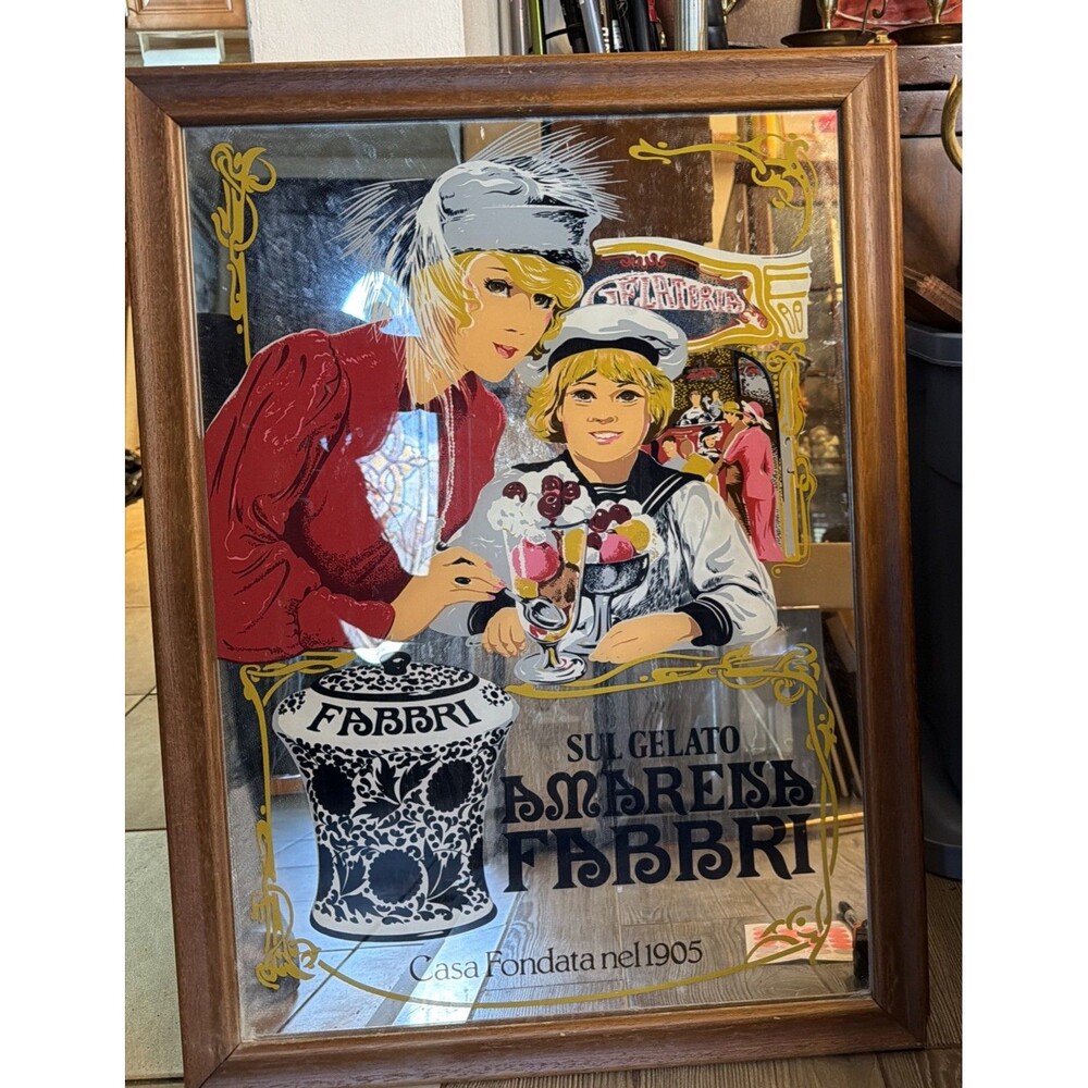 Vintage Amarena Fabbri Advertising Mirror: Italian Cherries Art, 1960s  18x24